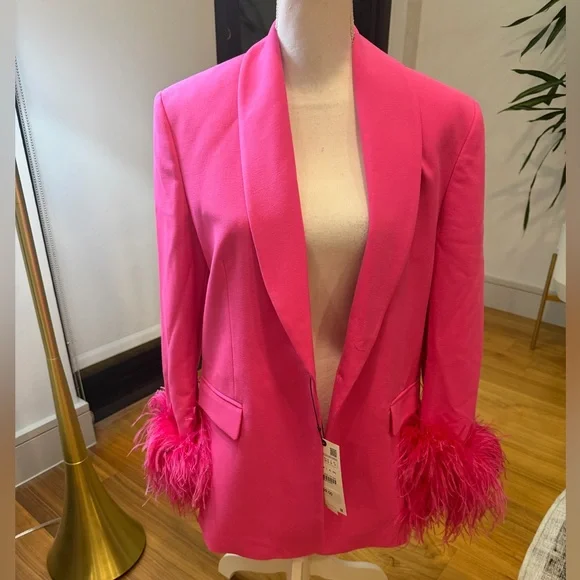 Zara Elegant Pink Feather-Trimmed Womens Blazer Size S NWOT - Picture 3 of 10